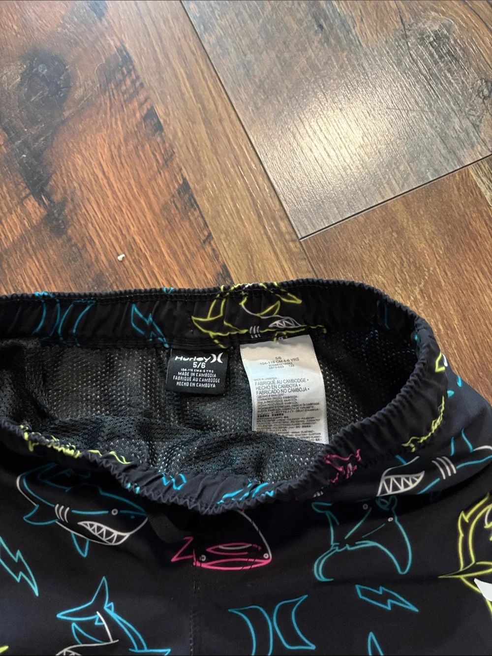 Boys size 5/6 Hurley Black Swim Shorts with Neon Shark Print